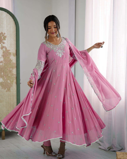 Heavy Blooming Faux Anarkali Gown with Bottom and Dupatta Set | Rainbow Sequins Moti Work - Rosepetals Luxe