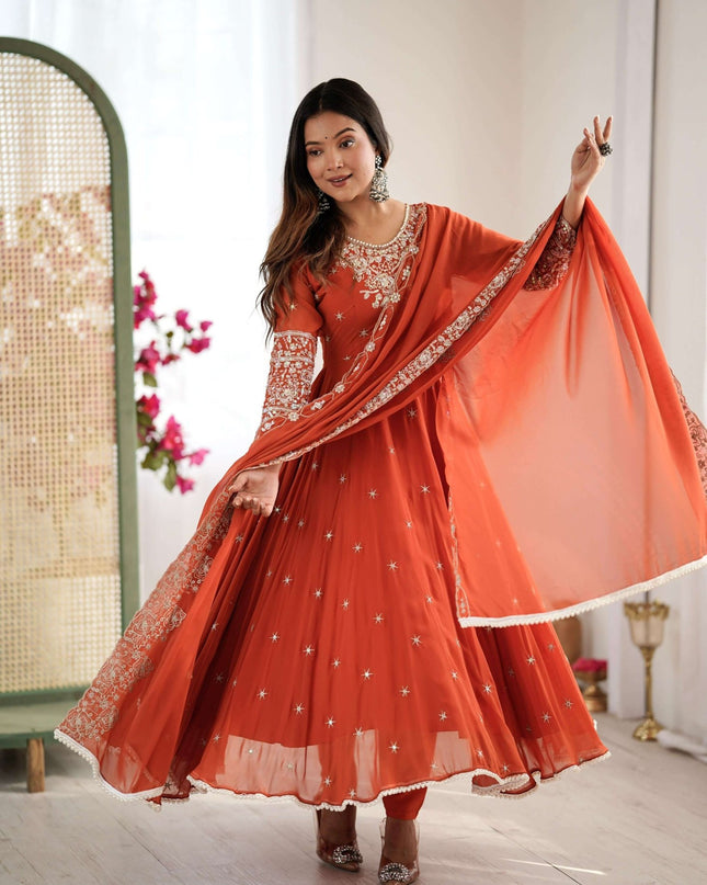 Heavy Blooming Faux Anarkali Gown with Bottom and Dupatta Set | Rainbow Sequins Moti Work - Rosepetals Luxe