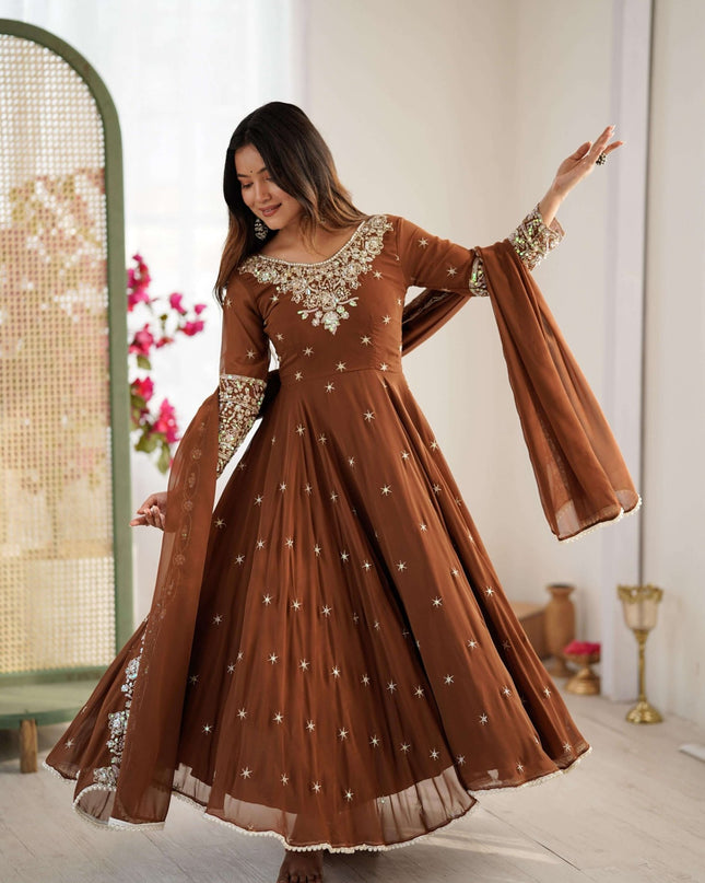 Heavy Blooming Faux Anarkali Gown with Bottom and Dupatta Set | Rainbow Sequins Moti Work - Rosepetals Luxe