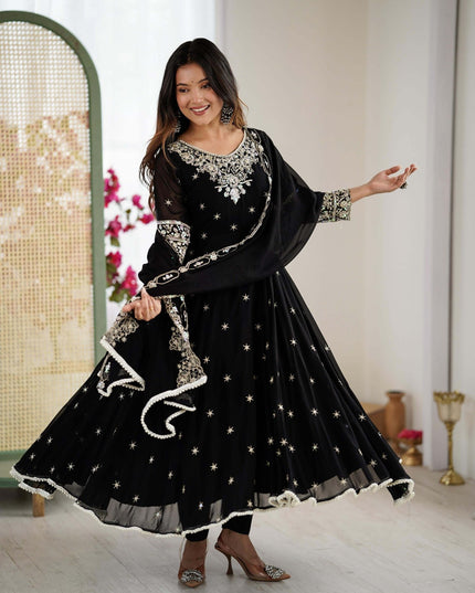 Heavy Blooming Faux Anarkali Gown with Bottom and Dupatta Set | Rainbow Sequins Moti Work - Rosepetals Luxe