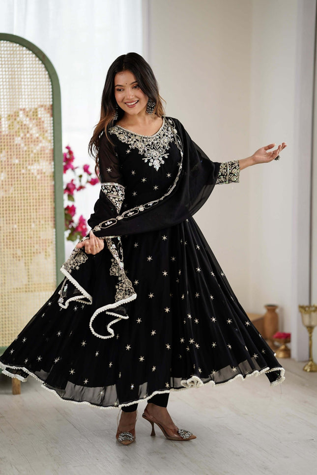 Heavy Blooming Faux Anarkali Gown with Bottom and Dupatta Set | Rainbow Sequins Moti Work - Rosepetals Luxe