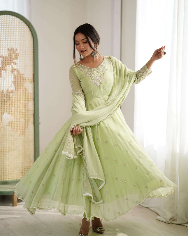 Heavy Blooming Faux Anarkali Gown with Bottom and Dupatta Set | Rainbow Sequins Moti Work - Rosepetals Luxe
