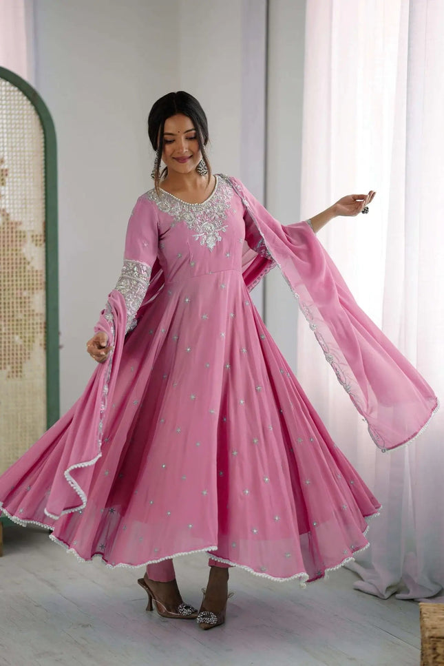 Heavy Blooming Faux Anarkali Gown with Bottom and Dupatta Set | Rainbow Sequins Moti Work - Rosepetals Luxe