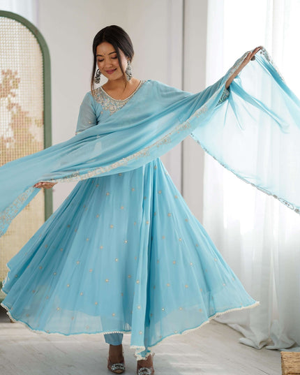 Heavy Blooming Faux Anarkali Gown with Bottom and Dupatta Set | Rainbow Sequins Moti Work - Rosepetals Luxe