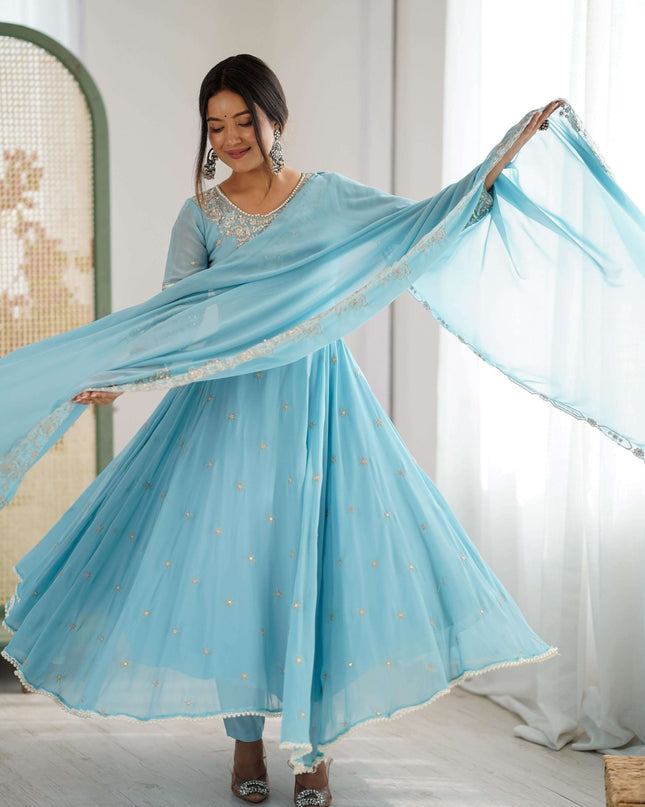 Heavy Blooming Faux Anarkali Gown with Bottom and Dupatta Set | Rainbow Sequins Moti Work - Rosepetals Luxe
