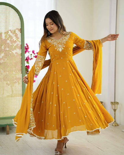 Heavy Blooming Faux Anarkali Gown with Bottom and Dupatta Set | Rainbow Sequins Moti Work - Rosepetals Luxe