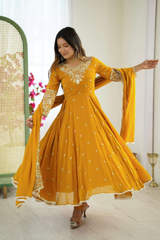 Heavy Blooming Faux Anarkali Gown with Bottom and Dupatta Set | Rainbow Sequins Moti Work - Rosepetals Luxe