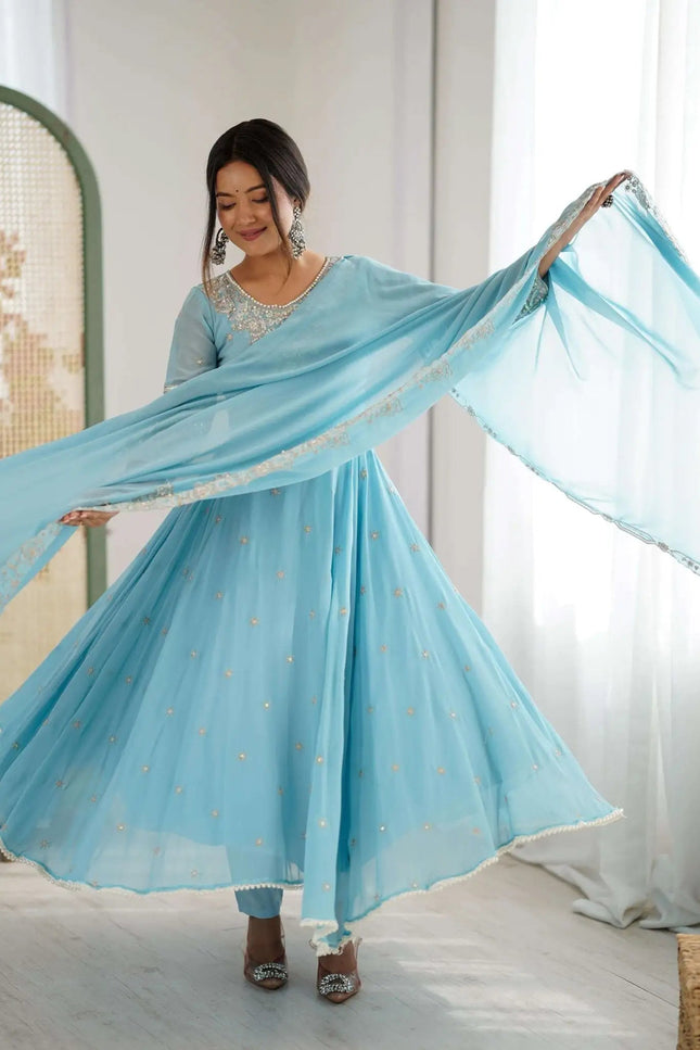 Heavy Blooming Faux Anarkali Gown with Bottom and Dupatta Set | Rainbow Sequins Moti Work - Rosepetals Luxe