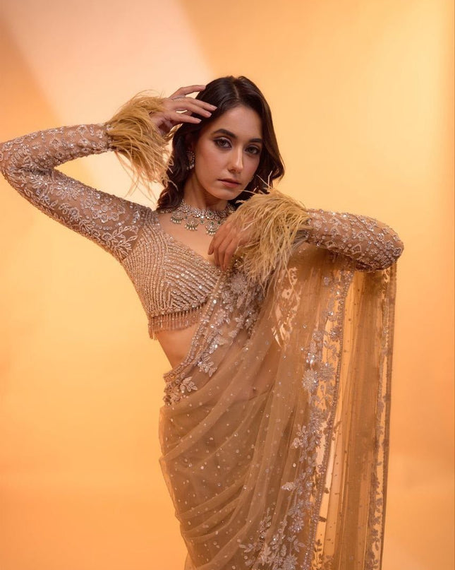 Heavy Butterfly Net 5MM Sequins Saree with Embroidered Blouse Piece & Zalar - Rosepetals Luxe