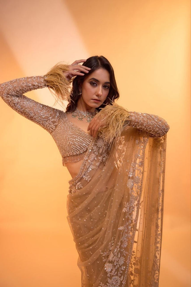 Heavy Butterfly Net 5MM Sequins Saree with Embroidered Blouse Piece & Zalar - Rosepetals Luxe