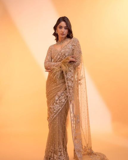 Heavy Butterfly Net 5MM Sequins Saree with Embroidered Blouse Piece & Zalar - Rosepetals Luxe