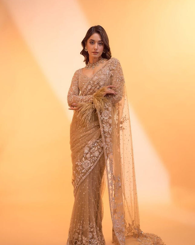 Heavy Butterfly Net 5MM Sequins Saree with Embroidered Blouse Piece & Zalar - Rosepetals Luxe