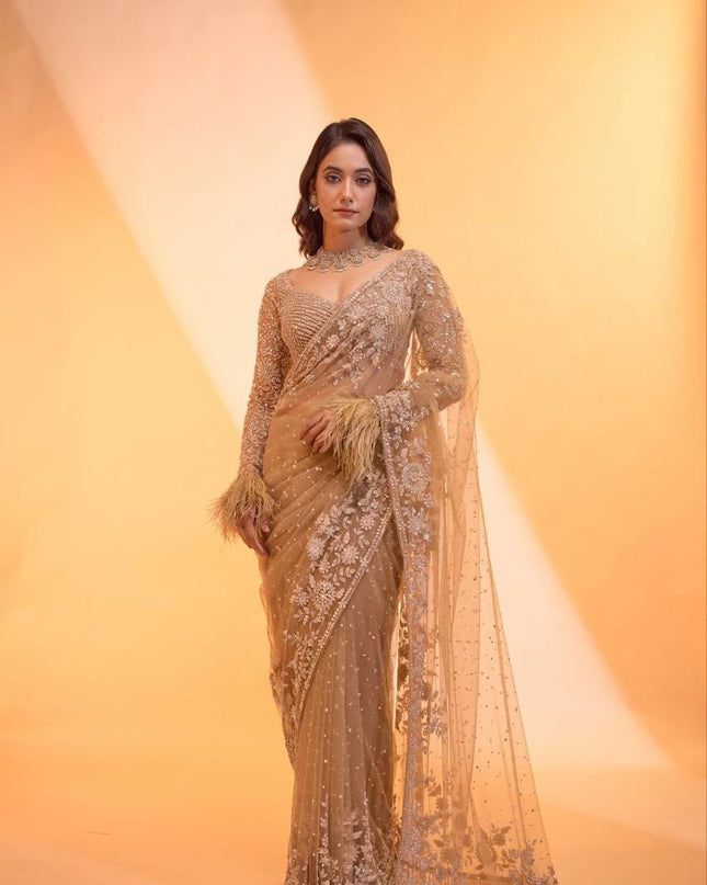 Heavy Butterfly Net 5MM Sequins Saree with Embroidered Blouse Piece & Zalar - Rosepetals Luxe