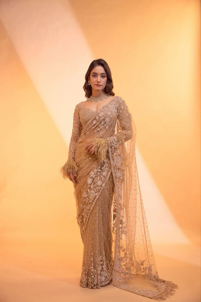 Heavy Butterfly Net 5MM Sequins Saree with Embroidered Blouse Piece & Zalar - Rosepetals Luxe