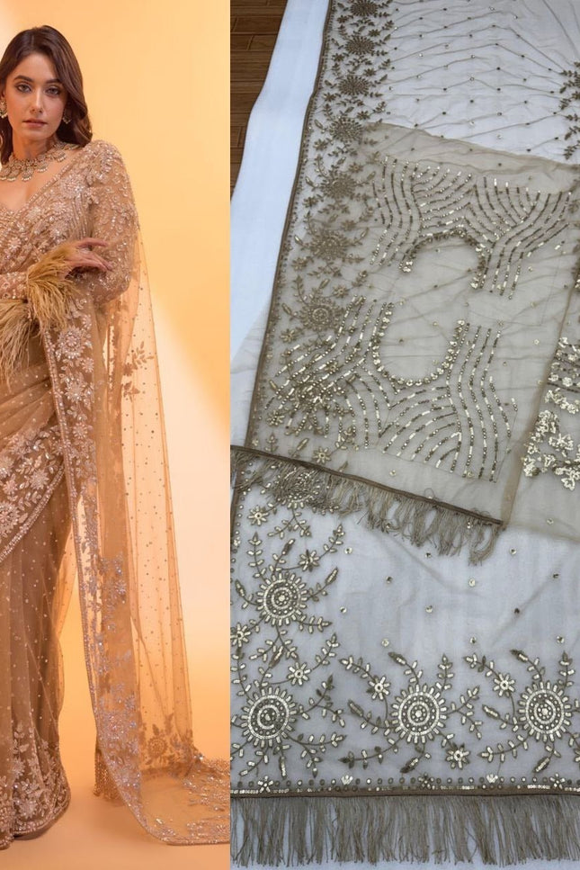 Heavy Butterfly Net 5MM Sequins Saree with Embroidered Blouse Piece & Zalar - Rosepetals Luxe