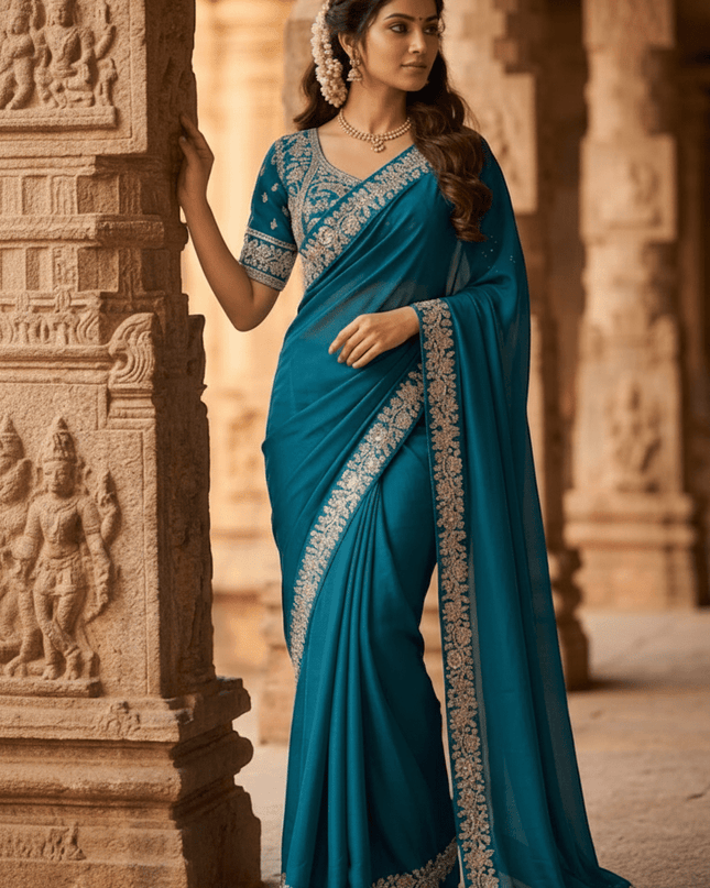 Heavy Chinon Embroidery Sequence Ready - to - Wear Saree with Embroidered Banglori Blouse - Rosepetals Luxe