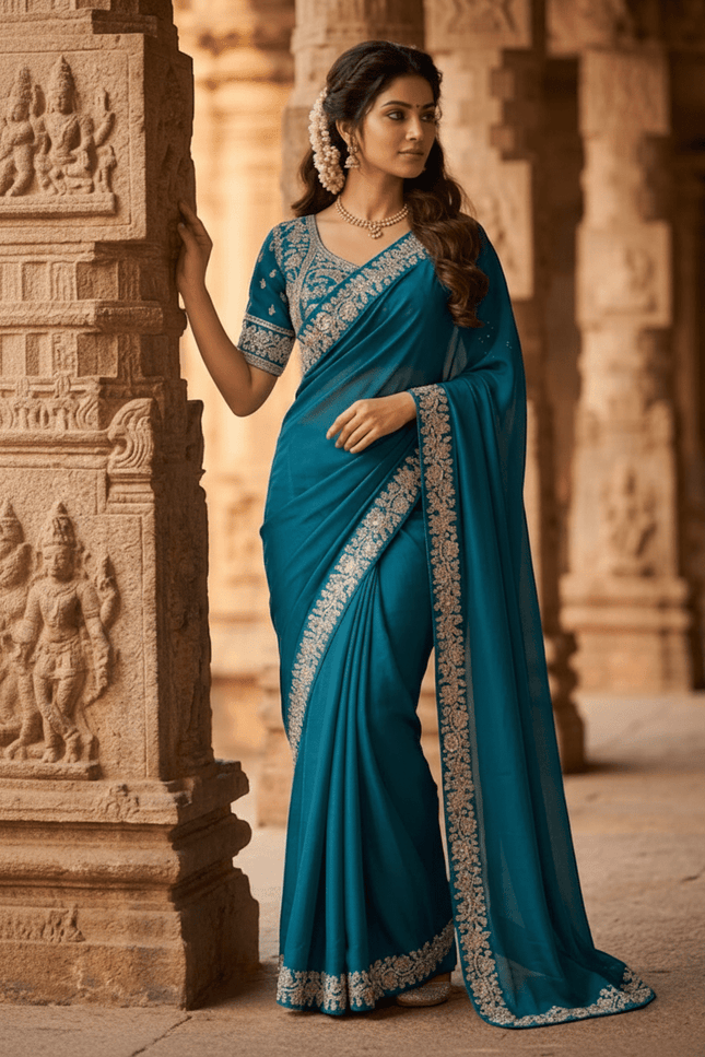 Heavy Chinon Embroidery Sequence Ready - to - Wear Saree with Embroidered Banglori Blouse - Rosepetals Luxe