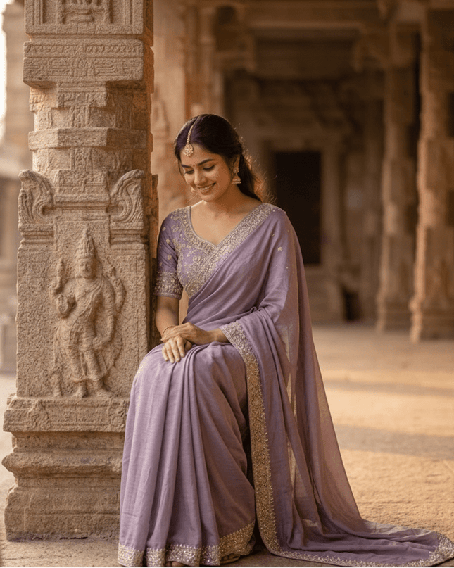 Heavy Chinon Embroidery Sequence Ready - to - Wear Saree with Embroidered Banglori Blouse - Rosepetals Luxe