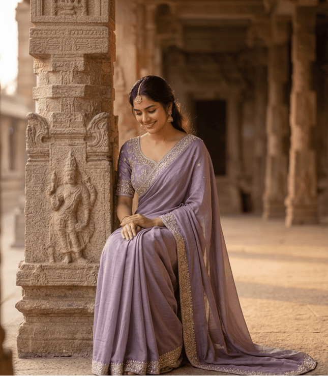 Heavy Chinon Embroidery Sequence Ready - to - Wear Saree with Embroidered Banglori Blouse - Rosepetals Luxe