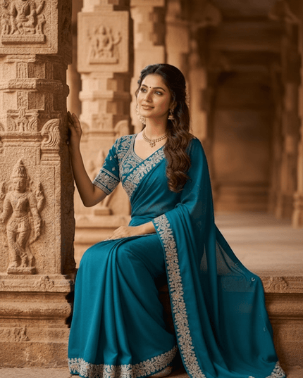 Heavy Chinon Embroidery Sequence Ready - to - Wear Saree with Embroidered Banglori Blouse - Rosepetals Luxe