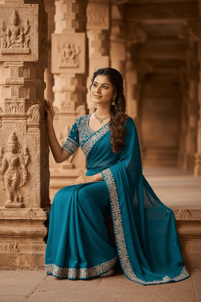 Heavy Chinon Embroidery Sequence Ready - to - Wear Saree with Embroidered Banglori Blouse - Rosepetals Luxe