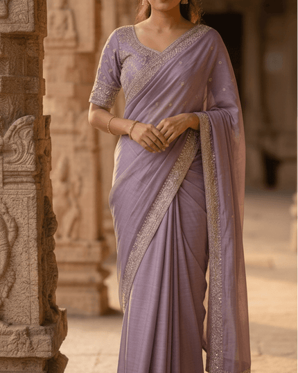 Heavy Chinon Embroidery Sequence Ready - to - Wear Saree with Embroidered Banglori Blouse - Rosepetals Luxe