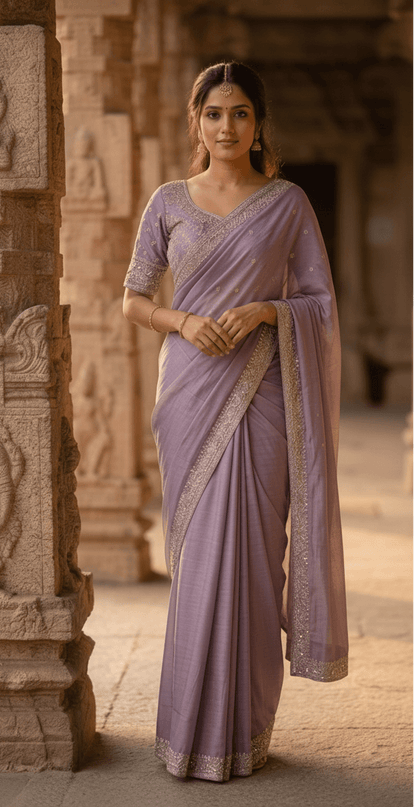 Heavy Chinon Embroidery Sequence Ready - to - Wear Saree with Embroidered Banglori Blouse - Rosepetals Luxe