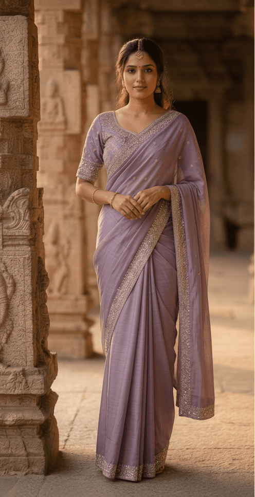 Heavy Chinon Embroidery Sequence Ready - to - Wear Saree with Embroidered Banglori Blouse - Rosepetals Luxe