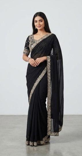 Heavy Chinon Embroidery Sequence Ready - to - Wear Saree with Embroidered Banglori Blouse - Rosepetals Luxe