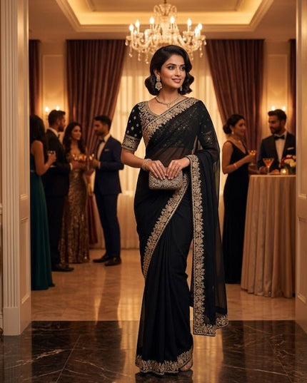 Heavy Chinon Embroidery Sequence Ready - to - Wear Saree with Embroidered Banglori Blouse - Rosepetals Luxe