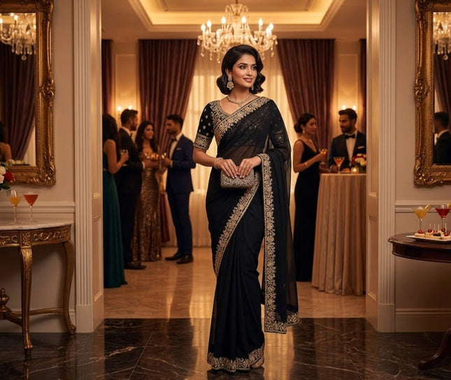 Heavy Chinon Embroidery Sequence Ready - to - Wear Saree with Embroidered Banglori Blouse - Rosepetals Luxe