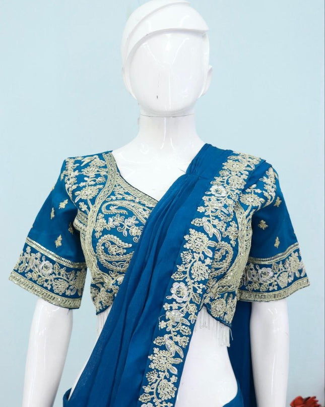 Heavy Chinon Embroidery Sequence Ready - to - Wear Saree with Embroidered Banglori Blouse - Rosepetals Luxe