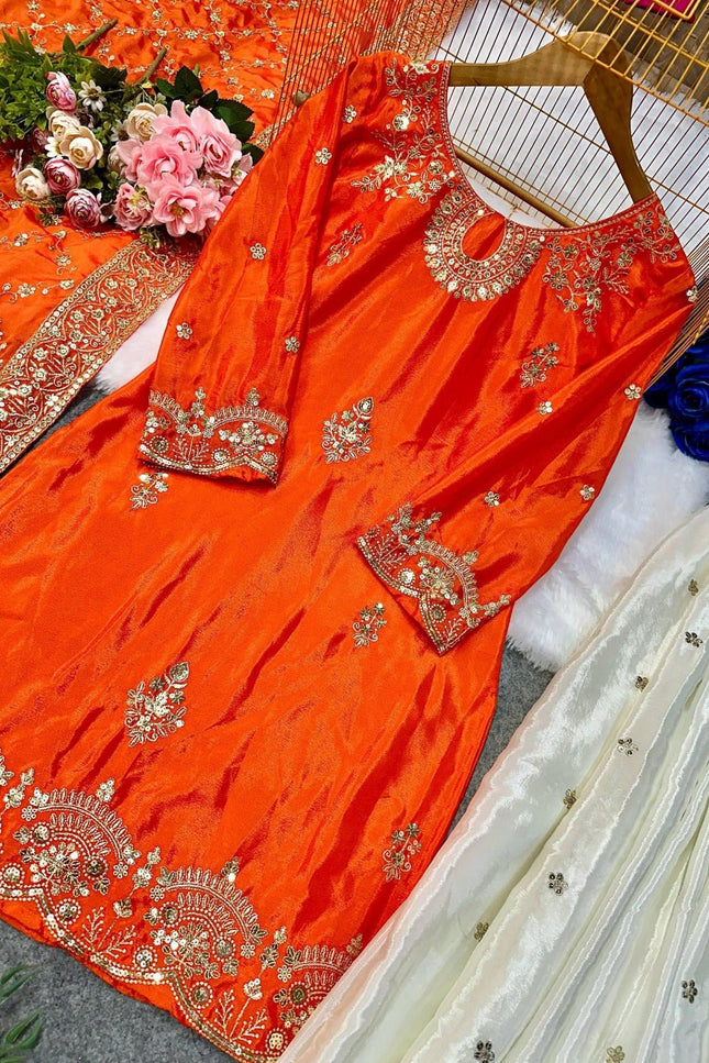 Heavy Chinon Silk Kurta Palazzo Set | Embroidery Work | Festive & Party Wear | Rosepetals Luxe - Rosepetals Luxe