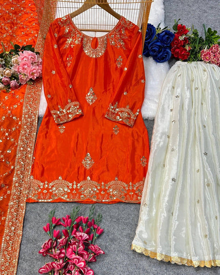 Heavy Chinon Silk Kurta Palazzo Set | Embroidery Work | Festive & Party Wear | Rosepetals Luxe - Rosepetals Luxe