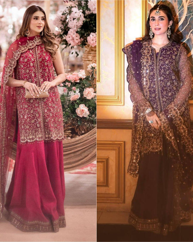 Heavy Chinon Silk Kurti Palazzo Dupatta Set | Sequins & Zari Embroidery | Festive 3-Piece - Rosepetals Luxe