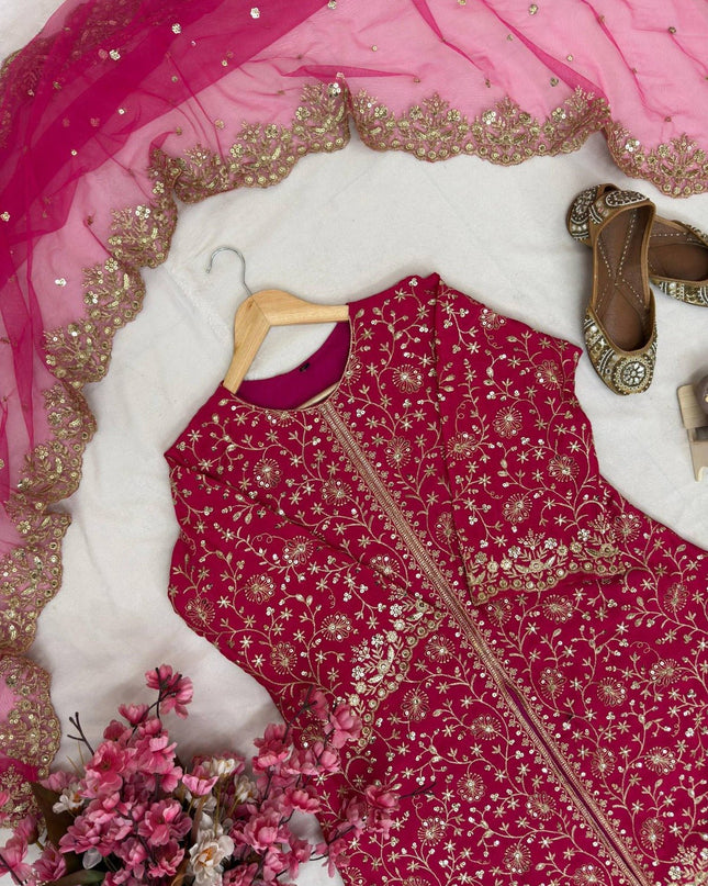 Heavy Chinon Silk Kurti Palazzo Dupatta Set | Sequins & Zari Embroidery | Festive 3-Piece - Rosepetals Luxe