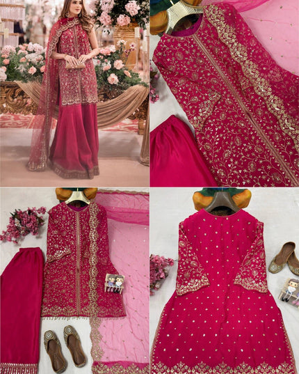 Heavy Chinon Silk Kurti Palazzo Dupatta Set | Sequins & Zari Embroidery | Festive 3-Piece - Rosepetals Luxe
