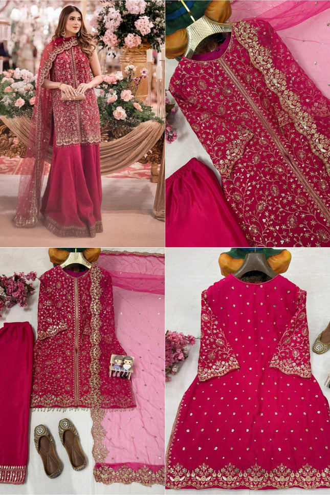 Heavy Chinon Silk Kurti Palazzo Dupatta Set | Sequins & Zari Embroidery | Festive 3-Piece - Rosepetals Luxe