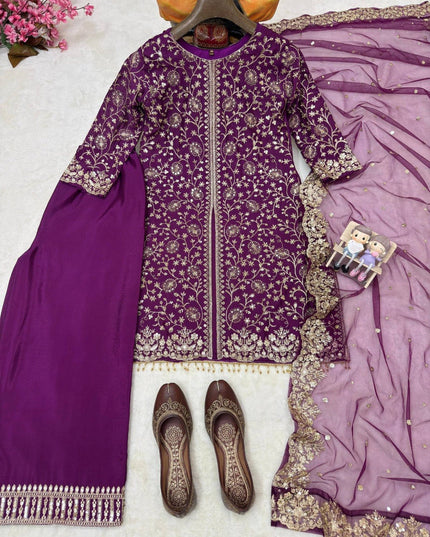 Heavy Chinon Silk Kurti Palazzo Dupatta Set | Sequins & Zari Embroidery | Festive 3-Piece - Rosepetals Luxe