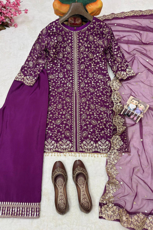 Heavy Chinon Silk Kurti Palazzo Dupatta Set | Sequins & Zari Embroidery | Festive 3-Piece - Rosepetals Luxe