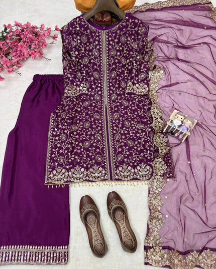 Heavy Chinon Silk Kurti Palazzo Dupatta Set | Sequins & Zari Embroidery | Festive 3-Piece - Rosepetals Luxe
