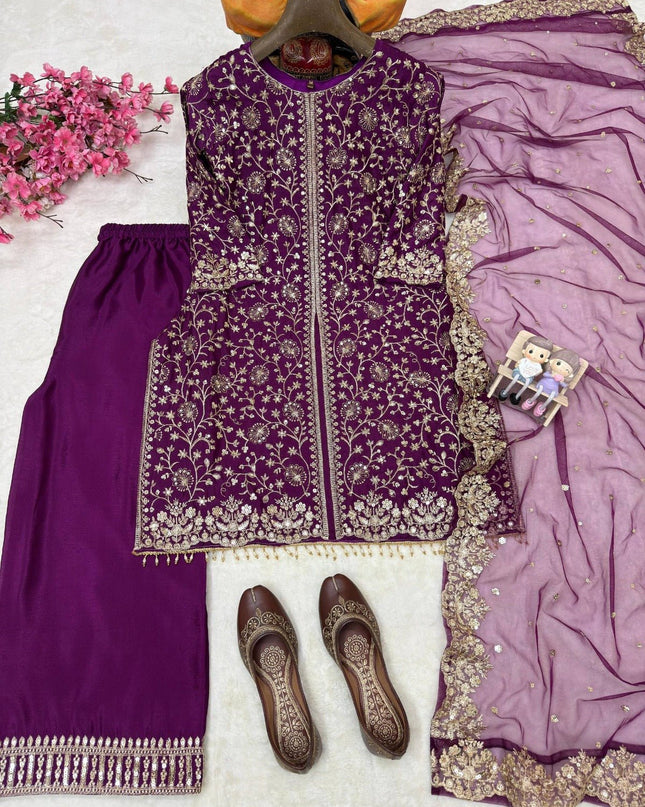 Heavy Chinon Silk Kurti Palazzo Dupatta Set | Sequins & Zari Embroidery | Festive 3-Piece - Rosepetals Luxe