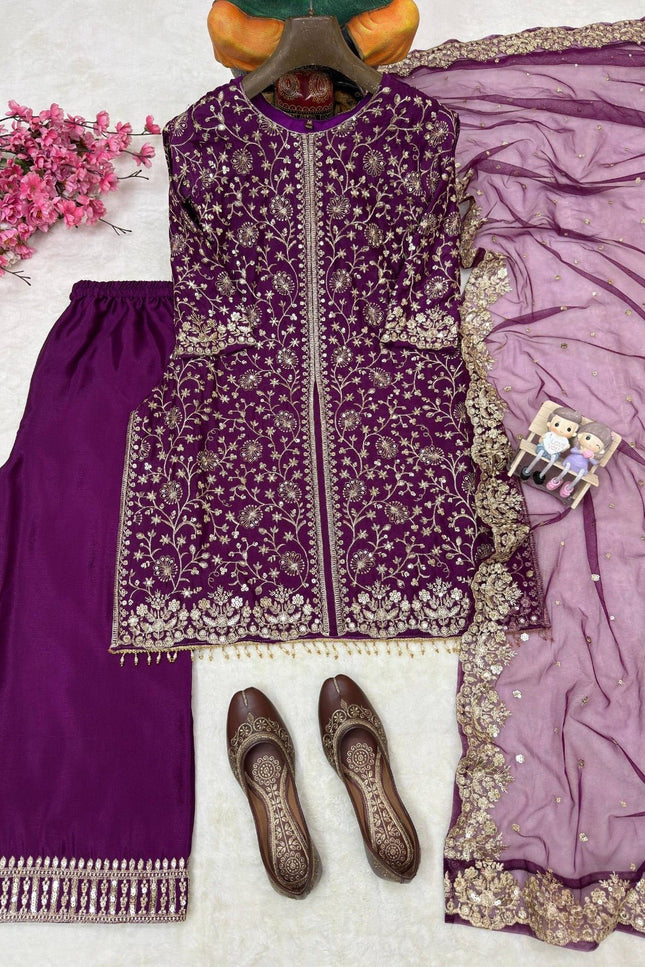 Heavy Chinon Silk Kurti Palazzo Dupatta Set | Sequins & Zari Embroidery | Festive 3-Piece - Rosepetals Luxe