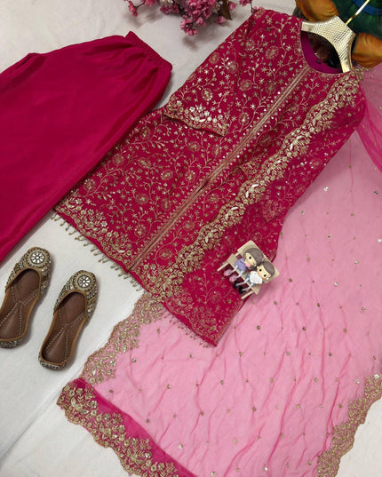 Heavy Chinon Silk Kurti Palazzo Dupatta Set | Sequins & Zari Embroidery | Festive 3-Piece - Rosepetals Luxe