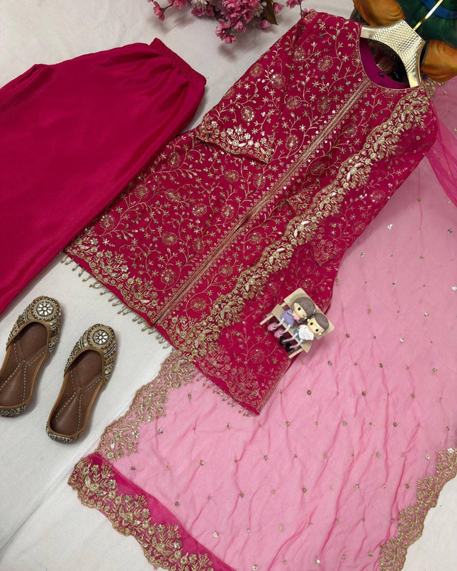 Heavy Chinon Silk Kurti Palazzo Dupatta Set | Sequins & Zari Embroidery | Festive 3-Piece - Rosepetals Luxe
