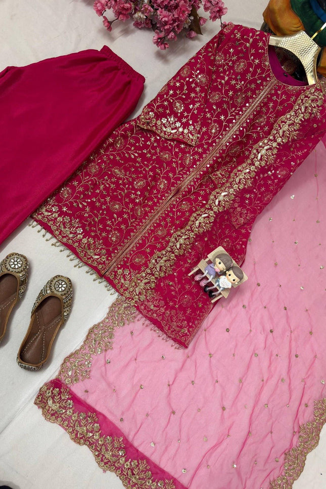 Heavy Chinon Silk Kurti Palazzo Dupatta Set | Sequins & Zari Embroidery | Festive 3-Piece - Rosepetals Luxe