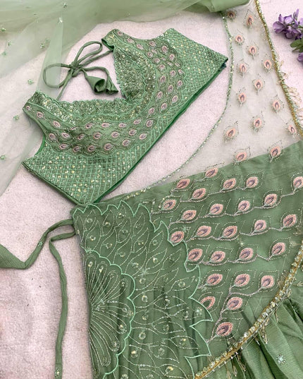 Heavy Chinon Silk Lehenga Choli | Sequence Embroidery & Net Pallu – Ready to Wear - Rosepetals Luxe