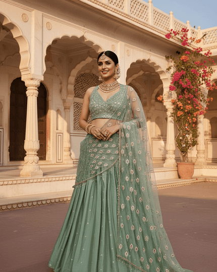 Heavy Chinon Silk Lehenga Choli | Sequence Embroidery & Net Pallu – Ready to Wear - Rosepetals Luxe