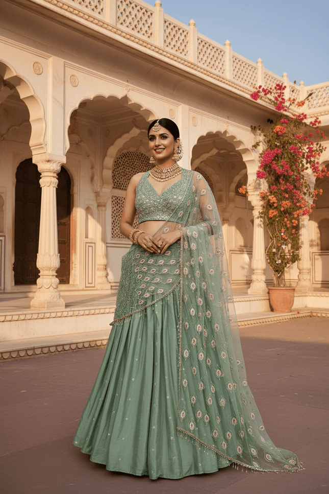 Heavy Chinon Silk Lehenga Choli | Sequence Embroidery & Net Pallu – Ready to Wear - Rosepetals Luxe