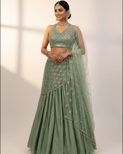 Heavy Chinon Silk Lehenga Choli | Sequence Embroidery & Net Pallu – Ready to Wear - Rosepetals Luxe